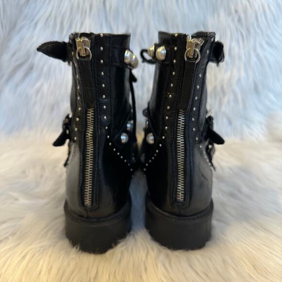 ZARA Genuine Leather Ankle Combat Boots Faux Pearl Lace-Up Flat Boots, Black - Picture 10 of 16
